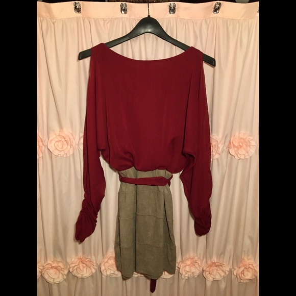 Burgundy Sheer Tan Suede Long Sleeve Dress - Picture 8 of 9